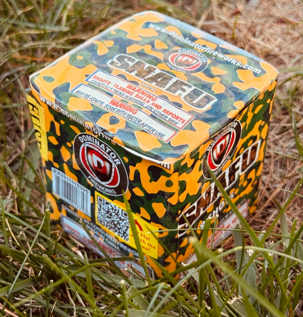 SNAFU 9 Shot Ariel Cake Firework - Flaming Balls Airborne 30 Second Finale
