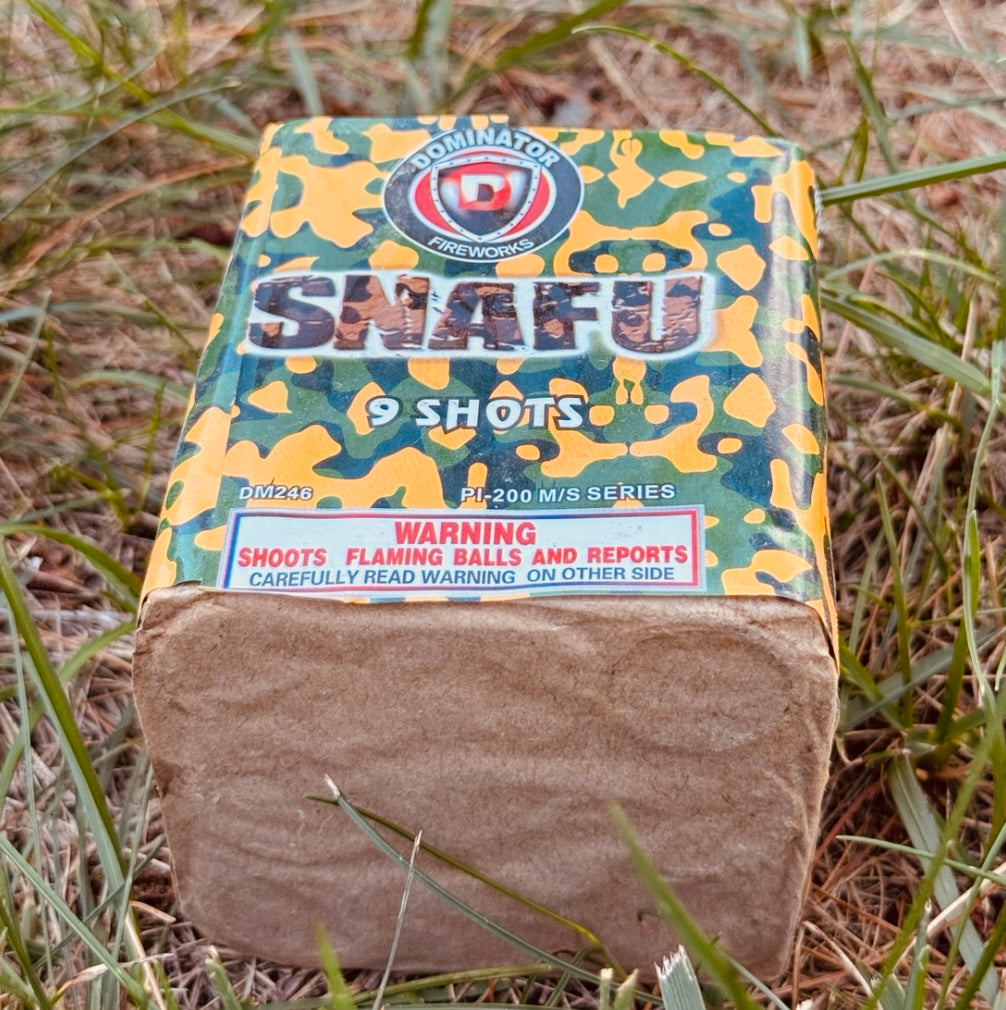 SNAFU 9 Shot Ariel Cake Firework - Flaming Balls Airborne 30 Second Finale