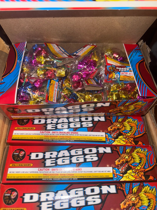 Dragon Eggs Mini Firecrackers Novelty Fireworks Bulk Box - 24 Packs 6 Crackers per Pack.