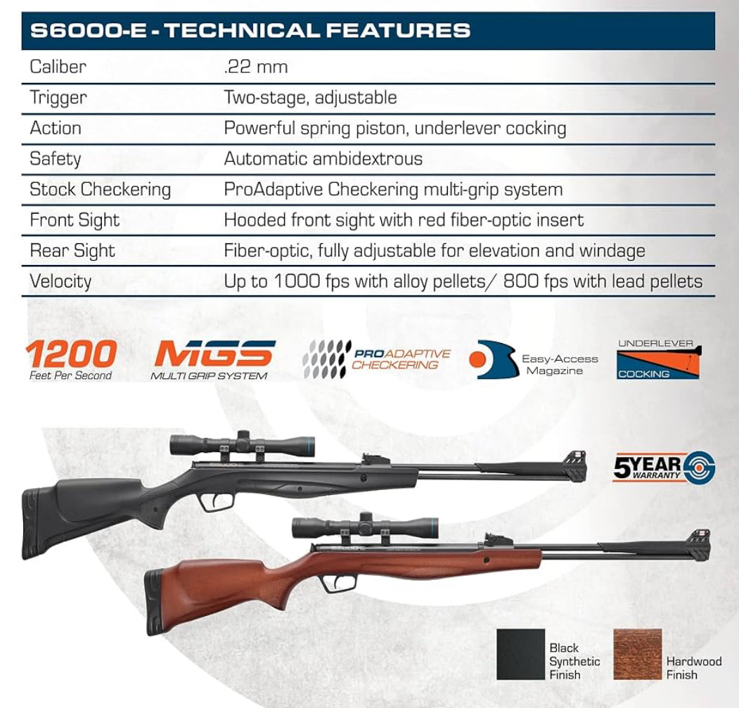 Stoeger S6000-E Combo - .22 Caliber Varmint Rifle Spring Piston - Black Synthetic with Fiber-Optic Sights & 4 x 32 Scope - Pest Control Pellet Sniper