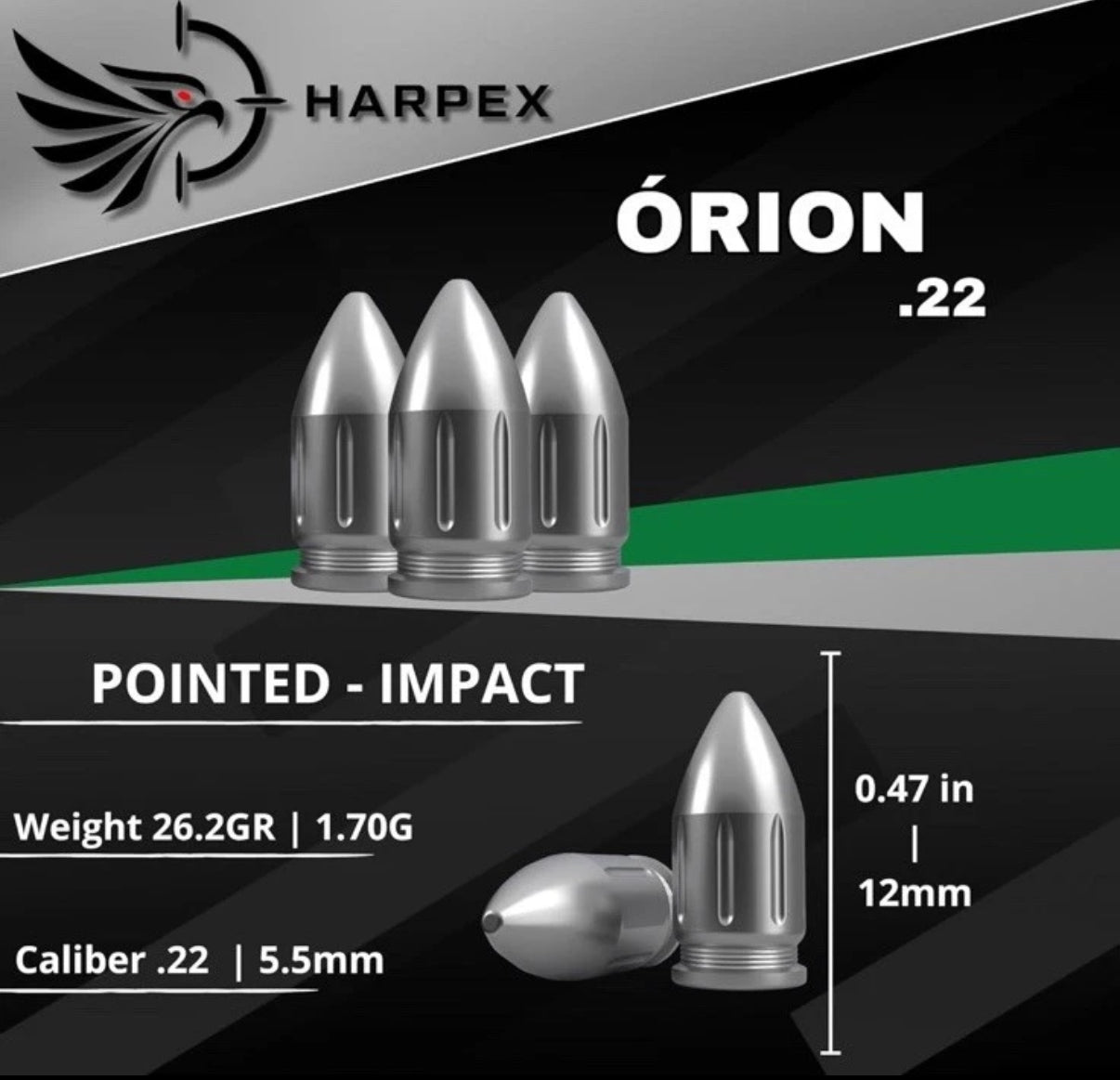 Harpex Orion .22 Caliber Hunting Slugs for Airguns - Sharp Tip Grooved Dome Bullet Shape Aerodynamic Pellet Slugs