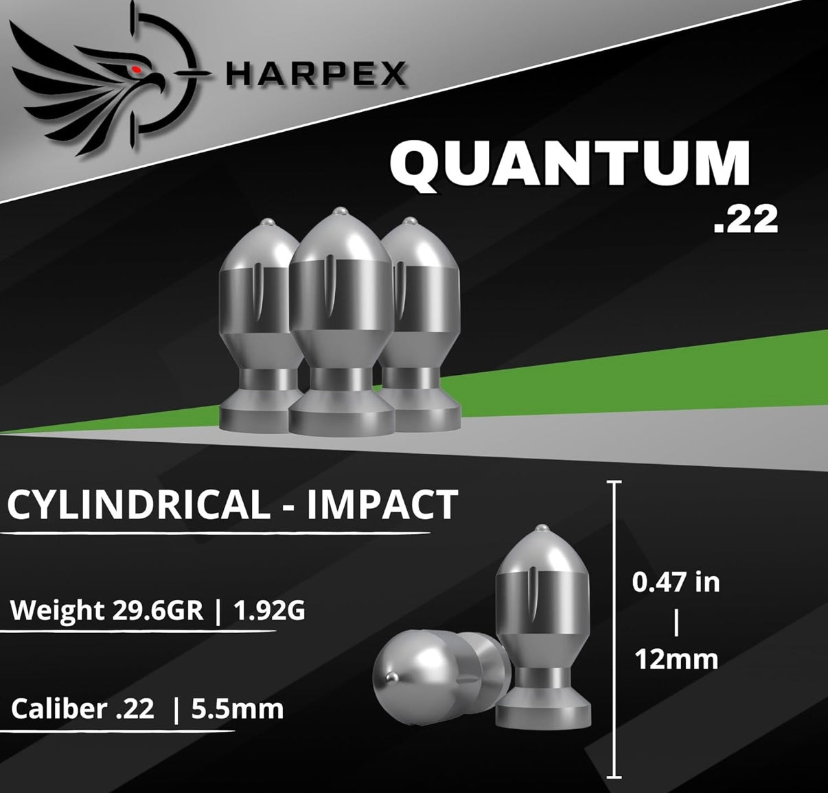 Harpex Quantum Airgun Hunting Slug Pellets .22 Caliber Domed / Pointed Tip Rocket Slugs 29.6Grains Harpex USA