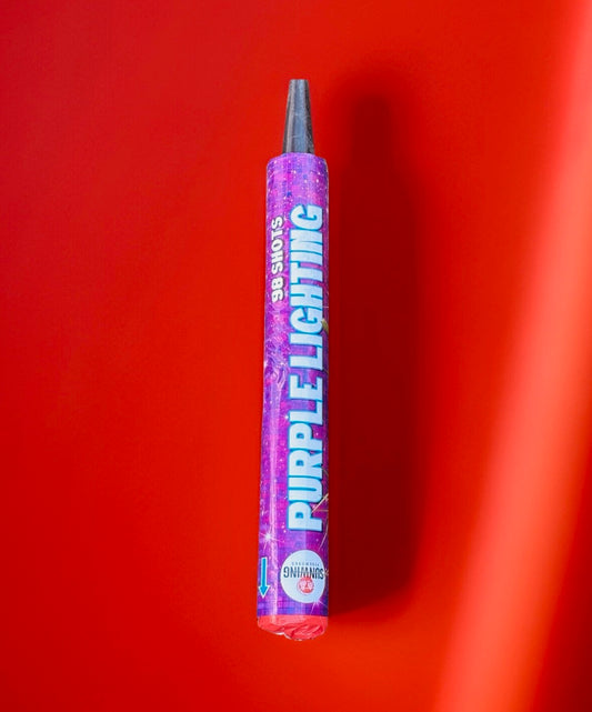 Purple Lightning 98 Shot Staked Rapid Fire Super Finale Roman Candle Purple Tracer Rockets With Ariel Boom