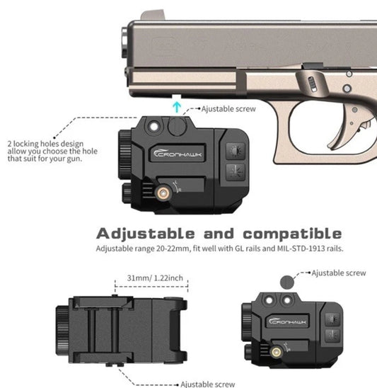 Pistol Laser / Flashlight Dual Combo Picatinny GL Rail Mount Universal Fitment Green - Strobe Capable