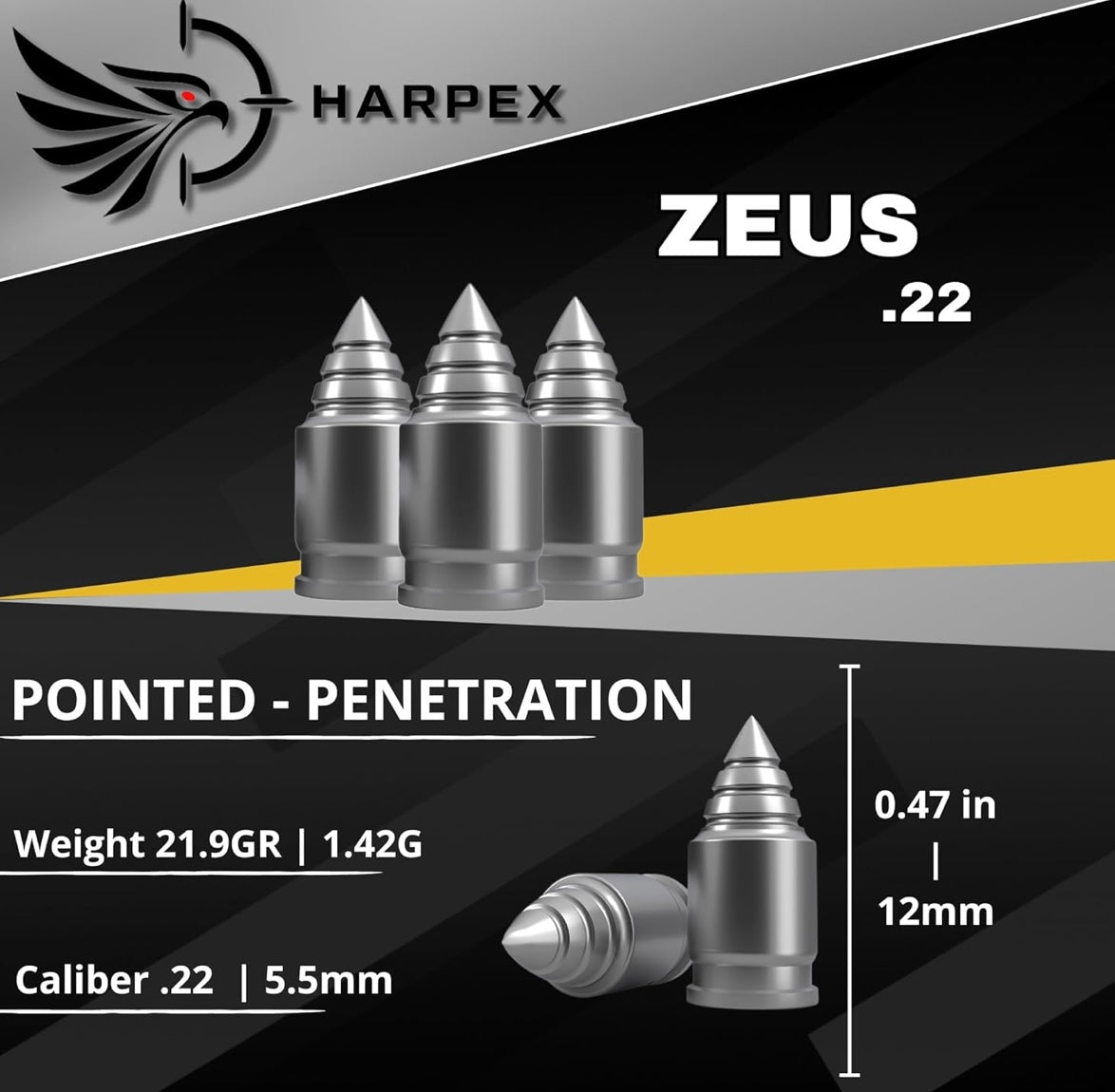 Aquiles ZUES Slayer Rifled Pellets for Airguns - .22 Cal Heavy Hunter Pointed Airgun Slugs - 110ct Harpex Zues - Harpex USA - Harpex Brazil