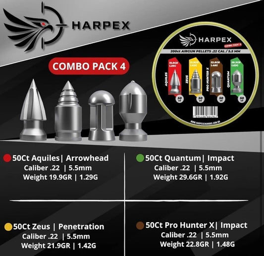 Harpex Pellets Variety Combo Pack - Aquiles / Zues / Quantum / Pro Hunter - Harpex USA .22 Caliber Pellet Slugs