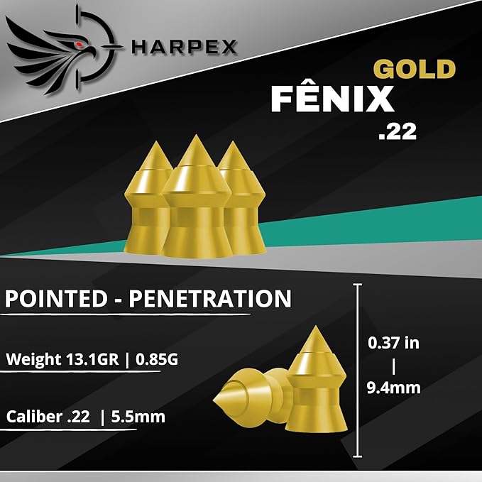 Harpex USA - Fenix Gold Airgun Pellets .22 Caliber Copper Coated Pointed Tip Lead Airgun Slugs