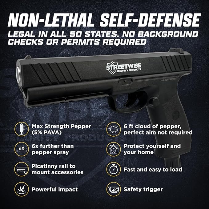 Black SH1 Less Lethal .50 Caliber Defense Launcher, Kinetic Impact Gun - Self Defense Air Pistol - Streewise Heat International